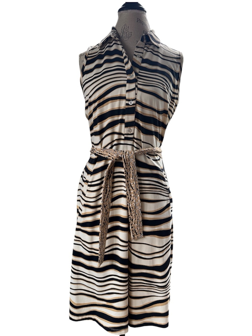 J McLaughlin Catalina cloth stretch animal stripe collared sleeveless midi dress
